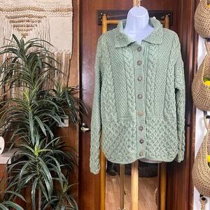 Vintage Irish Wool Cardigan Cladyknit S | 90s Cable Knit Sage Fisherman Sweater